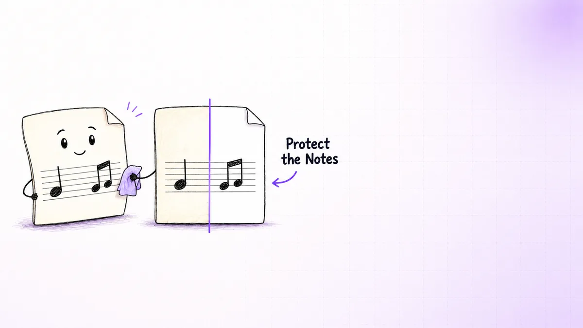 PDF background remover AI builds a foreground mask that protects thin music notation
